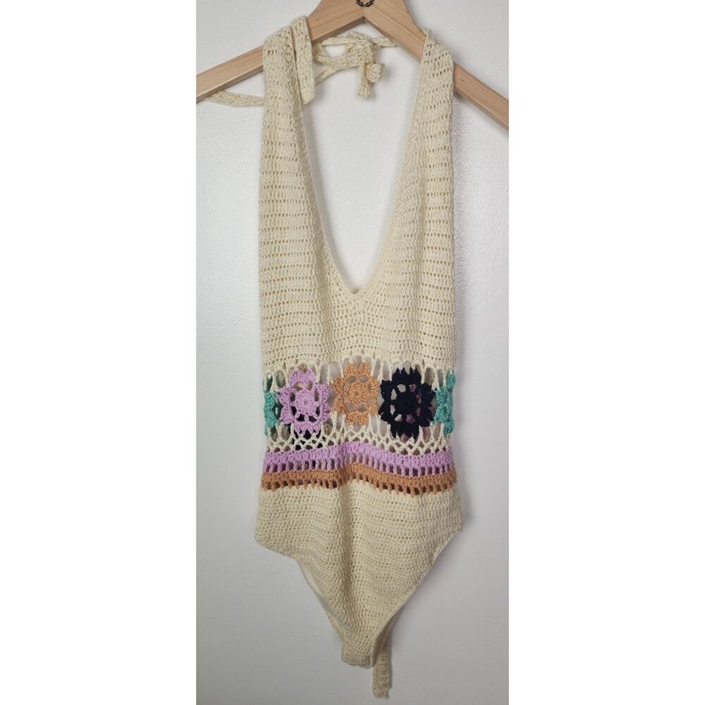 Thinkable Women's Sz S Floral Crochet Halter One Piece Swimsuit